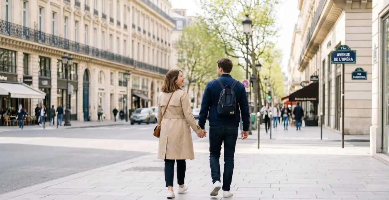 Un couple de trentenaires marche de dos sur une avenue parisienne typique du 8e arrondissement en début de matinée