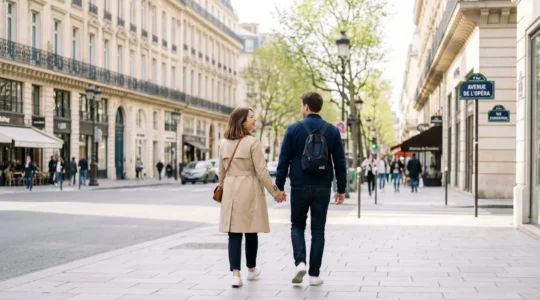 Un couple de trentenaires marche de dos sur une avenue parisienne typique du 8e arrondissement en début de matinée