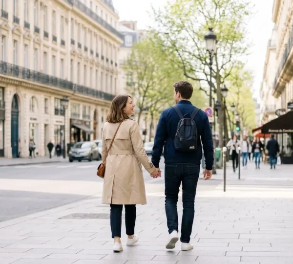 Un couple de trentenaires marche de dos sur une avenue parisienne typique du 8e arrondissement en début de matinée