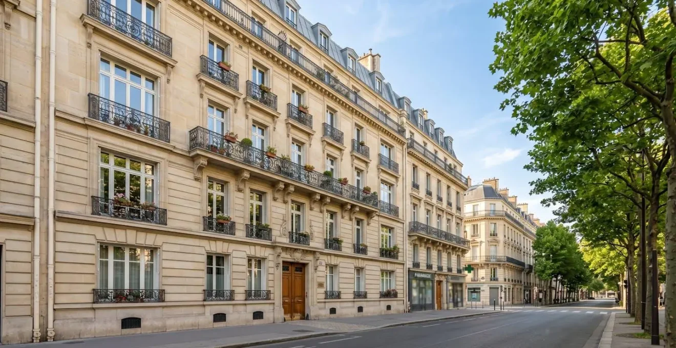 Façade d'un immeuble haussmannien typique du 8e arrondissement parisien, architecture en pierre de taille avec balcons en fer forgé, rue résidentielle calme et vide