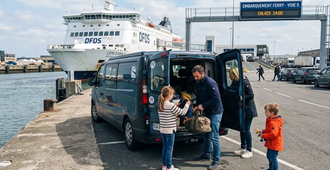 Une famille vue de profil charge des bagages dans un camping-car stationné sur le quai d'embarquement d'un ferry moderne