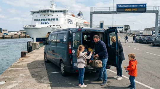 Une famille vue de profil charge des bagages dans un camping-car stationné sur le quai d'embarquement d'un ferry moderne