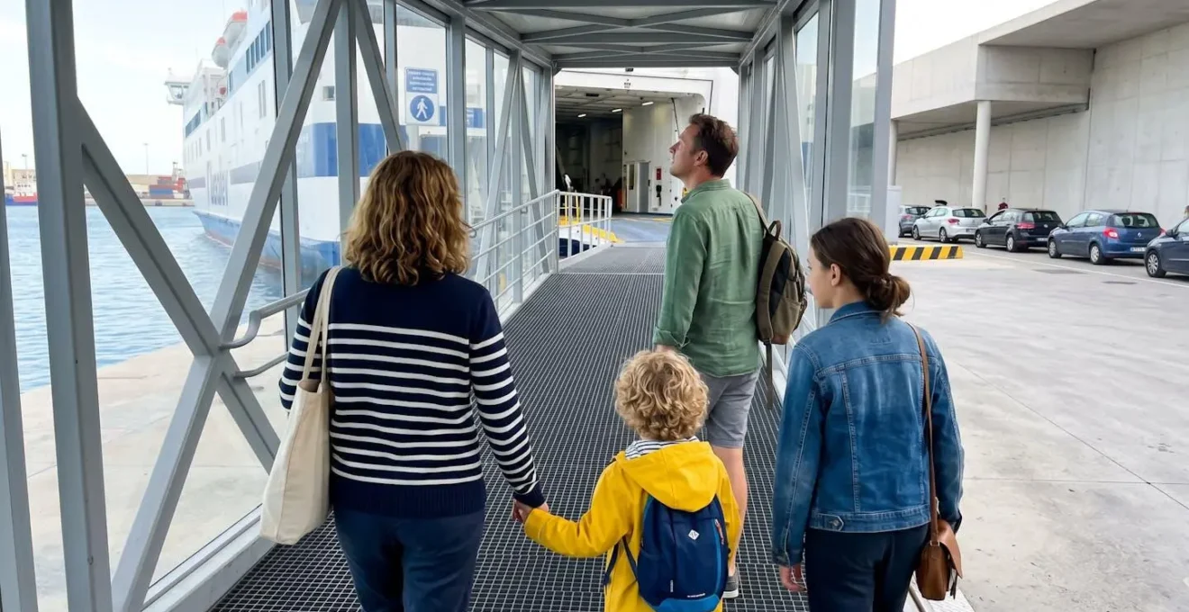 Une famille de quatre personnes vue de dos monte la passerelle d'embarquement d'un ferry moderne, leur voiture visible en arrière-plan sous un ciel méditerranéen ensoleillé
