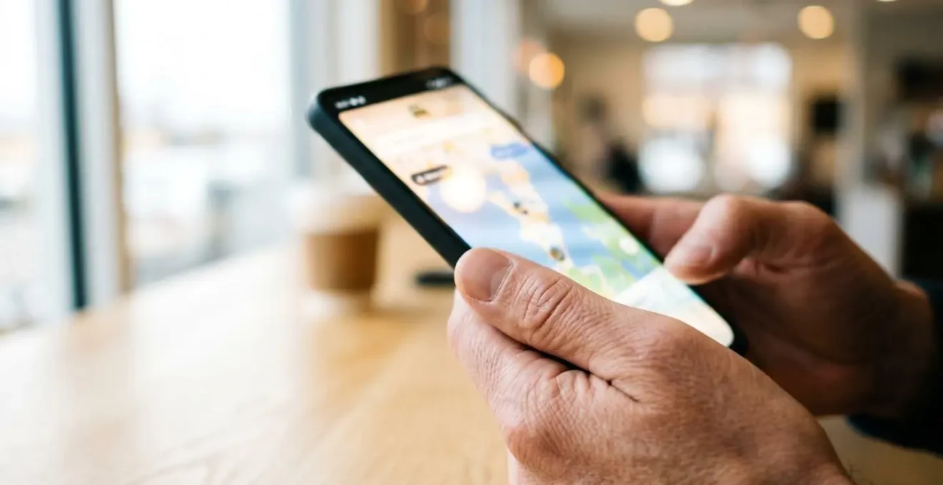 Gros plan sur des mains tenant un smartphone affichant une interface de réservation de ferry avec l'écran complètement flouté, sur un bureau moderne