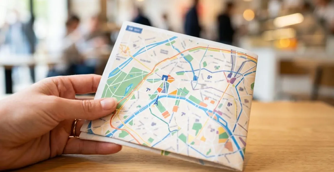 Gros plan sur une main tenant une carte de Paris moderne pliée, un doigt pointant le 8e arrondissement