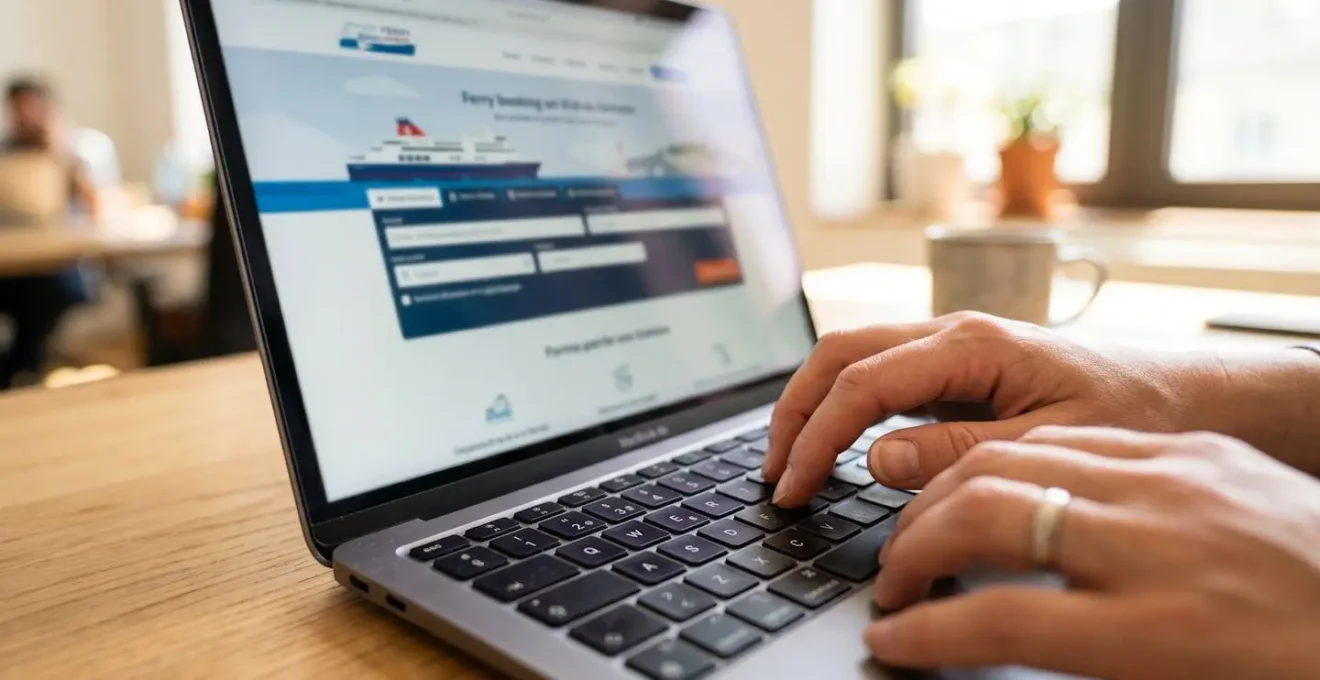 Gros plan sur des mains tapant au clavier d'un ordinateur portable, un site de réservation de ferry visible mais flouté à l'écran, lumière naturelle latérale créant une ambiance de bureau moderne