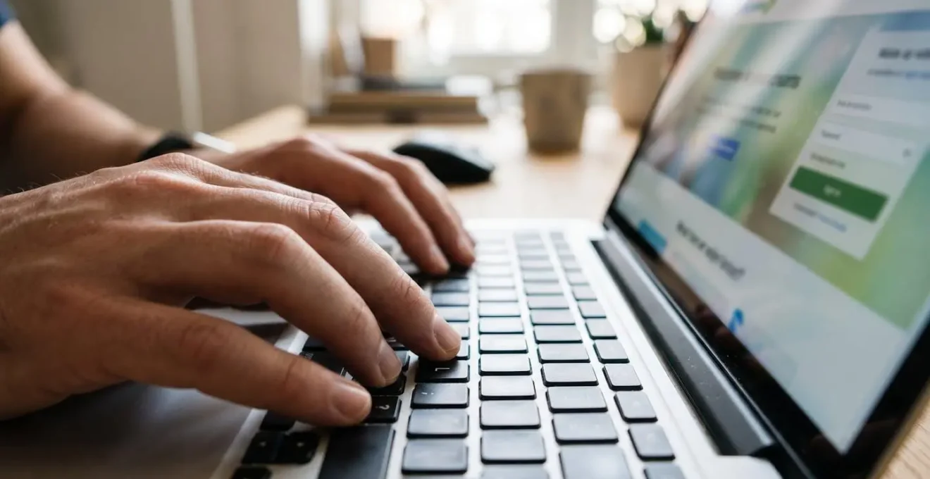Gros plan sur des mains tapant au clavier d'un ordinateur portable, un site de réservation de ferry visible mais flouté à l'écran, lumière naturelle latérale créant une ambiance de bureau moderne