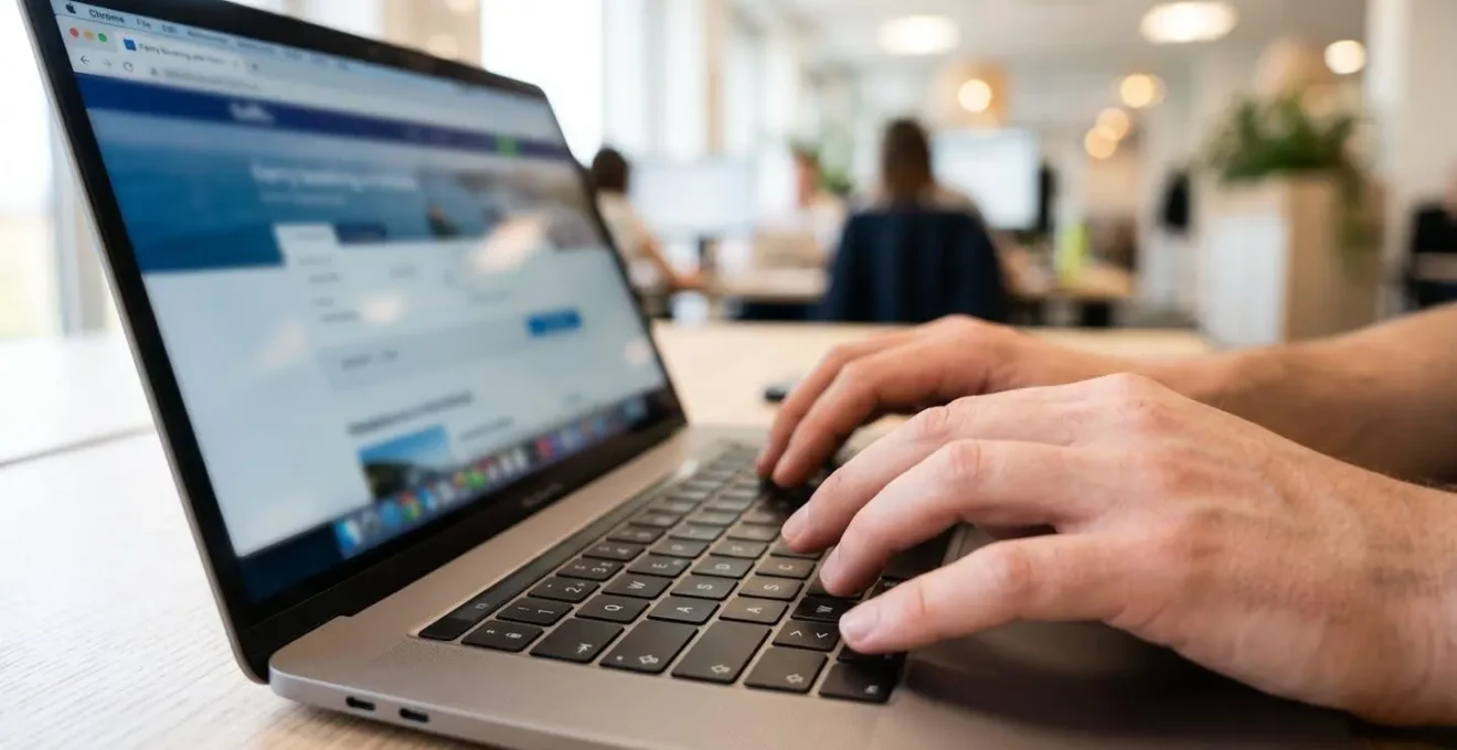 Gros plan sur des mains tapant au clavier d'un ordinateur portable, un site de réservation de ferry visible mais flouté à l'écran, lumière naturelle latérale créant une ambiance de bureau moderne