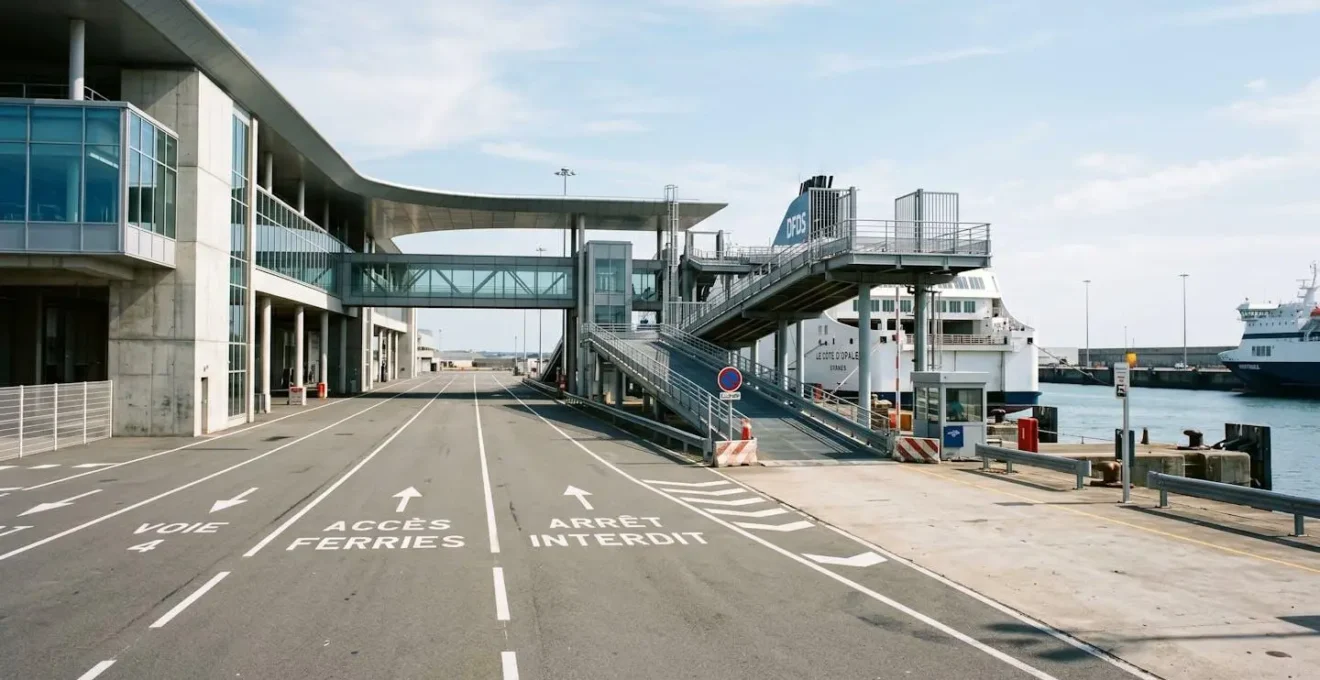 Vue grand angle d'un port moderne français avec un ferry amarré au quai, la zone d'embarquement des véhicules vide, architecture contemporaine portuaire