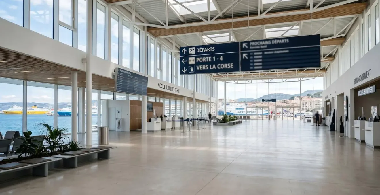 Vue large de l'intérieur d'un terminal de ferry méditerranéen contemporain, grandes baies vitrées laissant entrer la lumière naturelle, architecture moderne épurée, hall spacieux vide, panneaux directionnels complètement floutés
