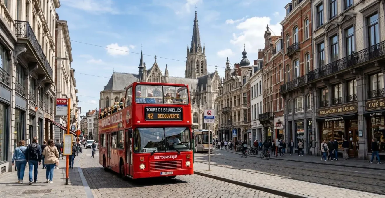 Bus touristique rouge à deux étages circulant dans une rue animée de Bruxelles avec des passagers visibles sur le pont supérieur et l'architecture belge typique en arrière-plan