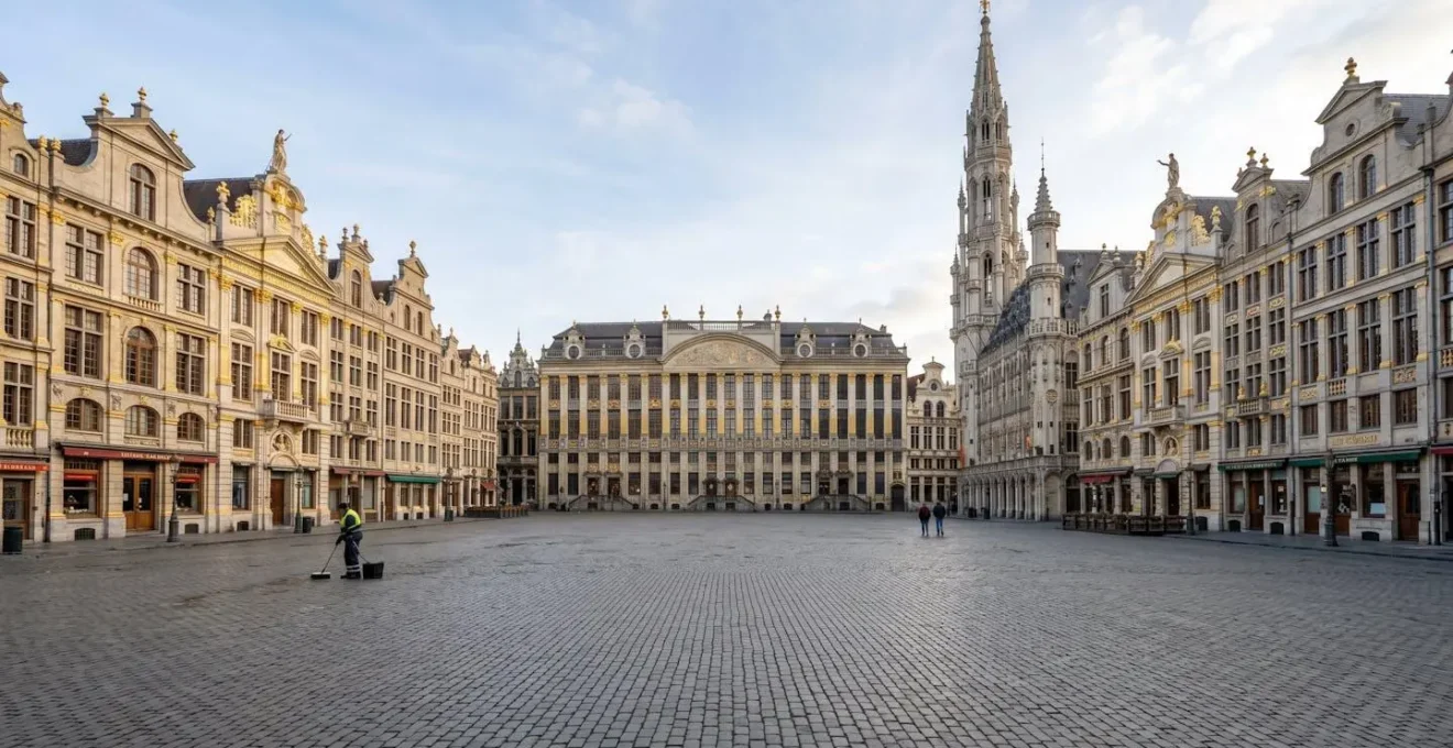 Vue de la Grand-Place de Bruxelles avec ses façades baroques dorées et l'architecture classée UNESCO sous une lumière matinale douce