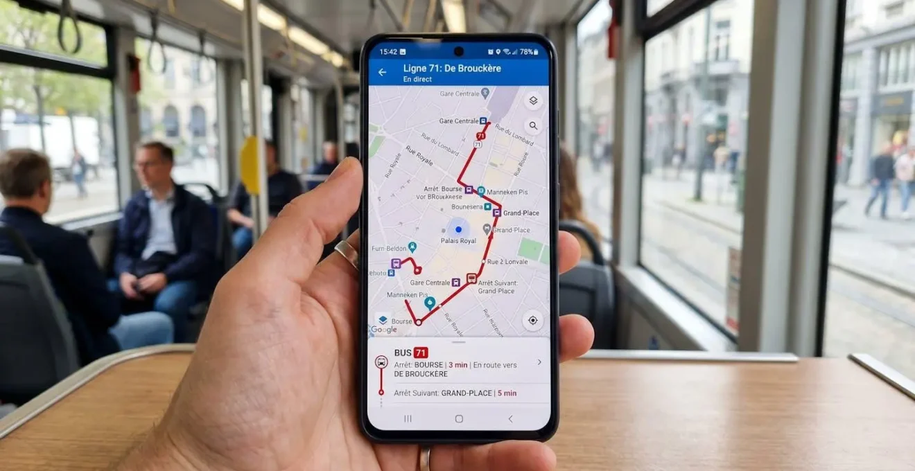 Gros plan sur un écran de smartphone affichant une carte d'itinéraire avec localisation en temps réel, main tenant le téléphone dans un environnement urbain