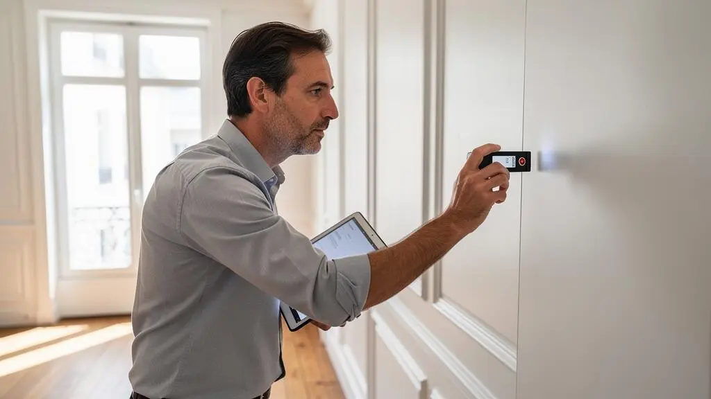 Agent immobilier prenant des mesures avec un appareil professionnel lors de l'estimation d'un appartement.