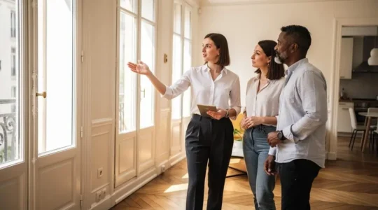 Agent immobilier faisant visiter un appartement à des clients potentiels dans un intérieur résidentiel français.
