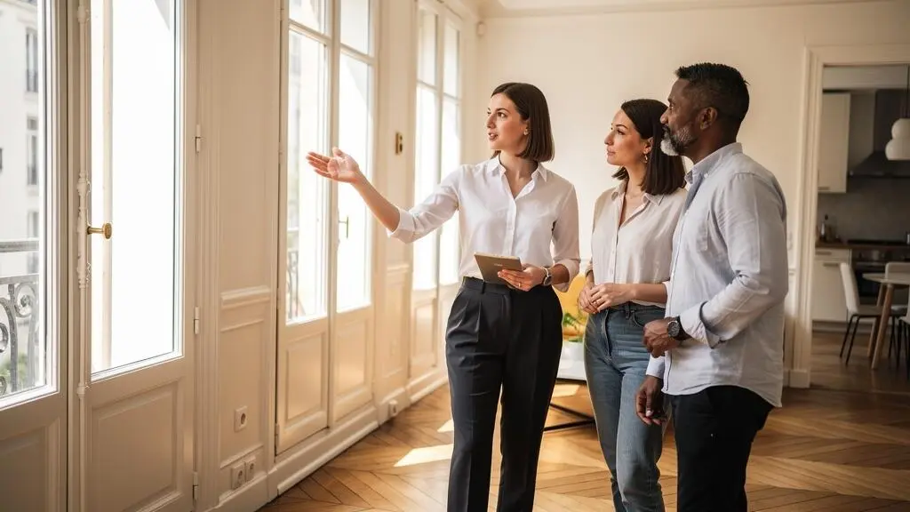 Agent immobilier faisant visiter un appartement à des clients potentiels dans un intérieur résidentiel français.