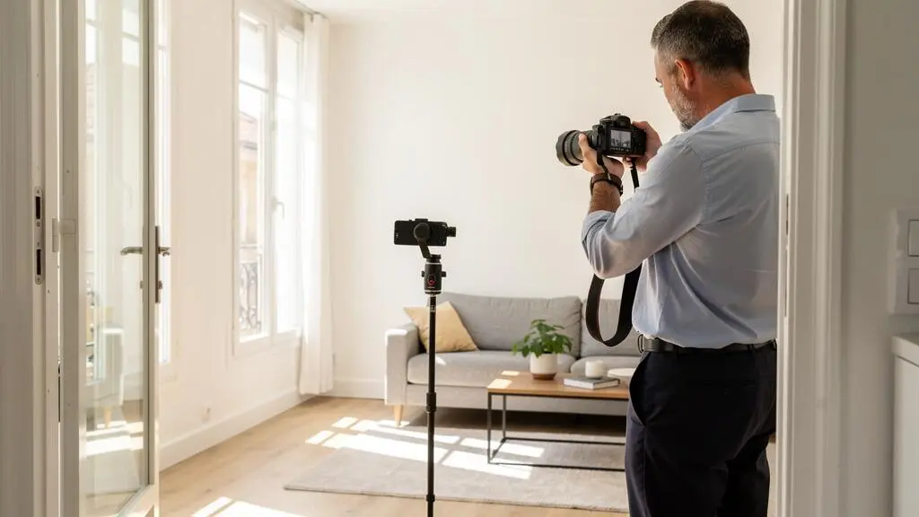Agent immobilier photographiant l'intérieur d'un appartement avec un équipement professionnel pour préparer l'annonce.